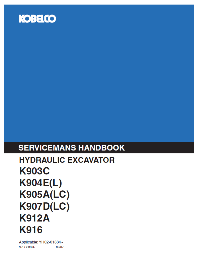 Kobelco Machine Hydraulic Excavator K903C K904E(L) K905A(LC) K907D(LC) K912AK916 Operator Manual PDF