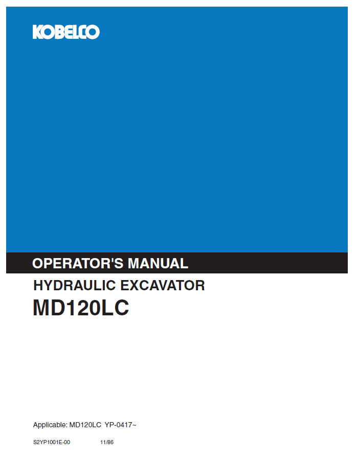 Kobelco Machine Hydraulic Excavator MD120LC Operator Manual PDF