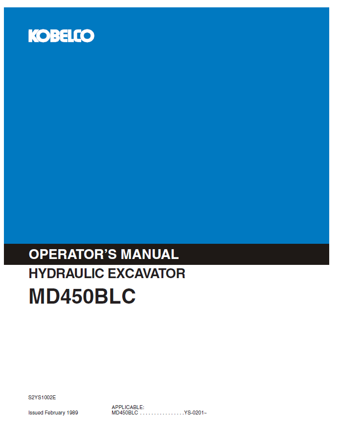 Kobelco Machine Hydraulic Excavator MD450BLC Operator Manual PDF