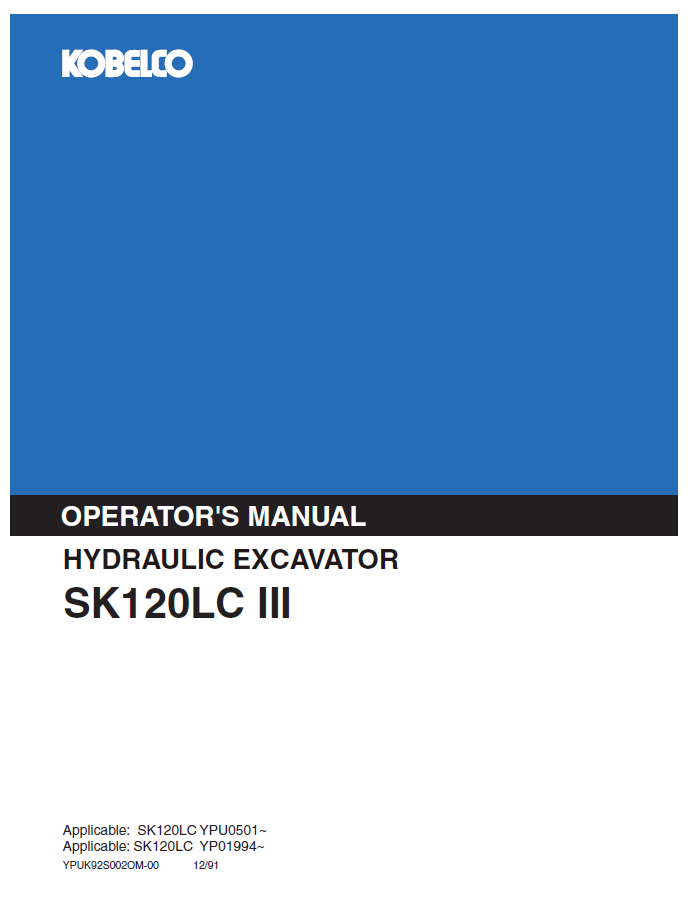 Kobelco Machine Hydraulic Excavator SK120LC III Operator Manual PDF