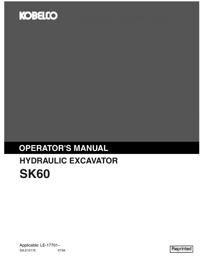 Kobelco Machine Hydraulic Excavator SK60 (re) Operator Manual PDF