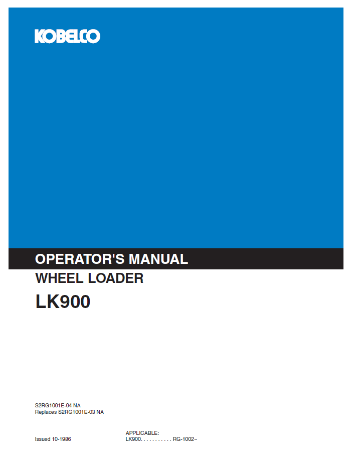 Kobelco Machine Wheel Loader LK900 Operator Manual PDF