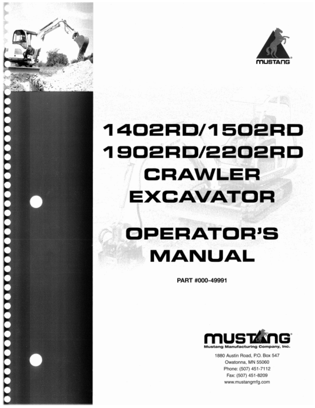 MUSTANG 1402RD, 1502RD, 1902RD, 2202RD CRAWLER EXCAVATOR OPERATOR MANUAL 000-49991- PDF