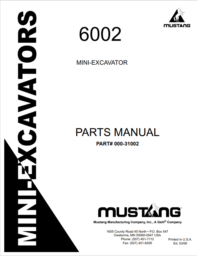 MUSTANG 6002 MINI-EXCAVATOR PARTS MANUAL 000-31002- PDF