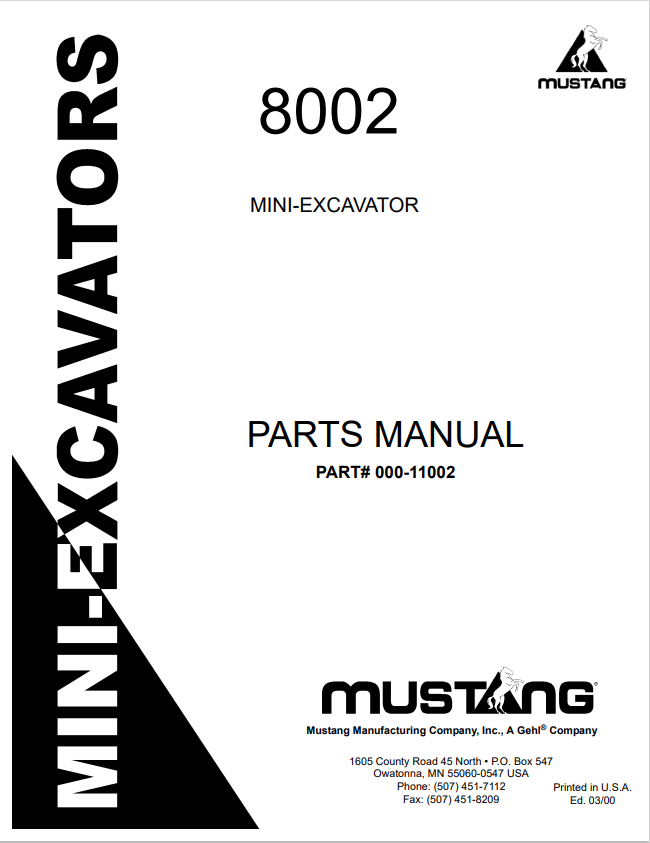 MUSTANG 8002 MINI-EXCAVATOR PARTS MANUAL 000-11002- PDF