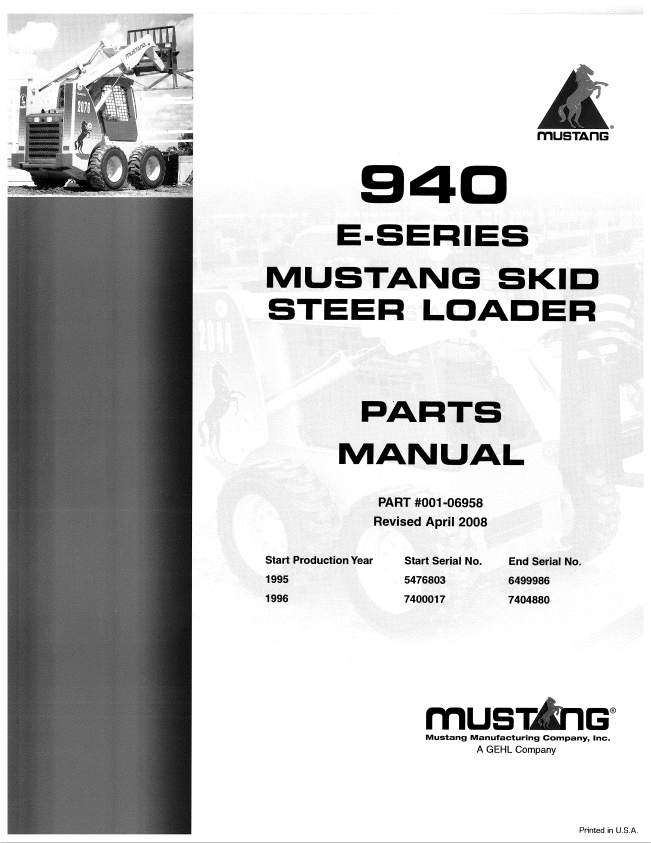 MUSTANG 940 E-SERIES SKID STEER LOADER PARTS MANUAL 001-06958 - PDF