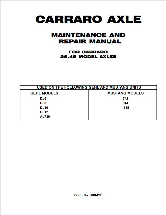 MUSTANG CARRARO AXLE DL6, DL8, DL10, DL12, AL730, 742, 944, 1155 MAINTENANCE AND REPAIR MANUAL 908496 - PDF