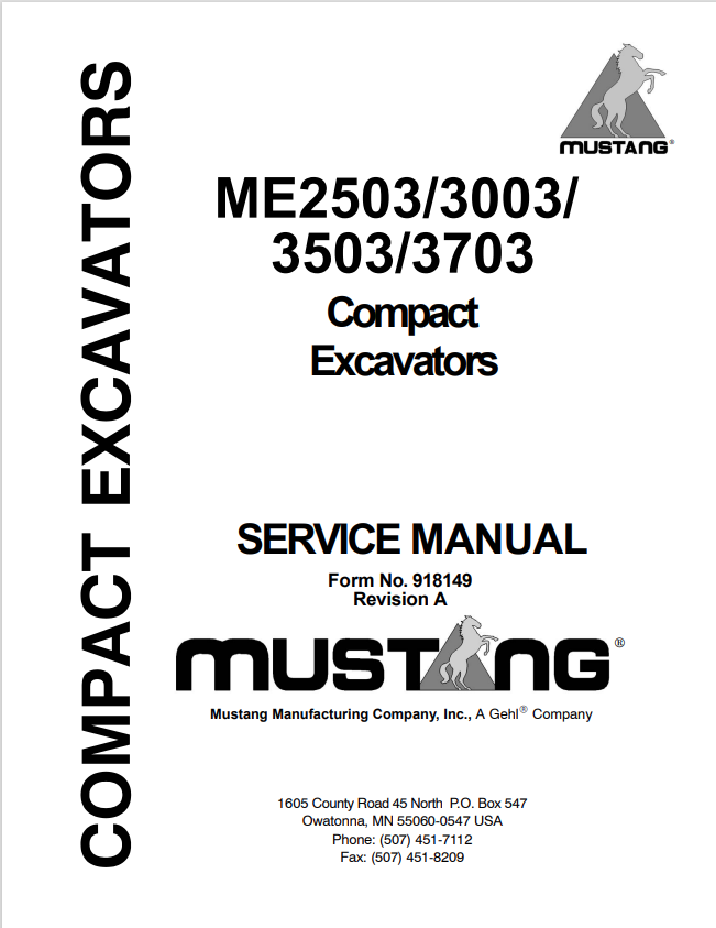 MUSTANG COMPACT ME2503-3003-3503-3703 EXCAVATOR SERVICE MANUAL 918149 - PDF