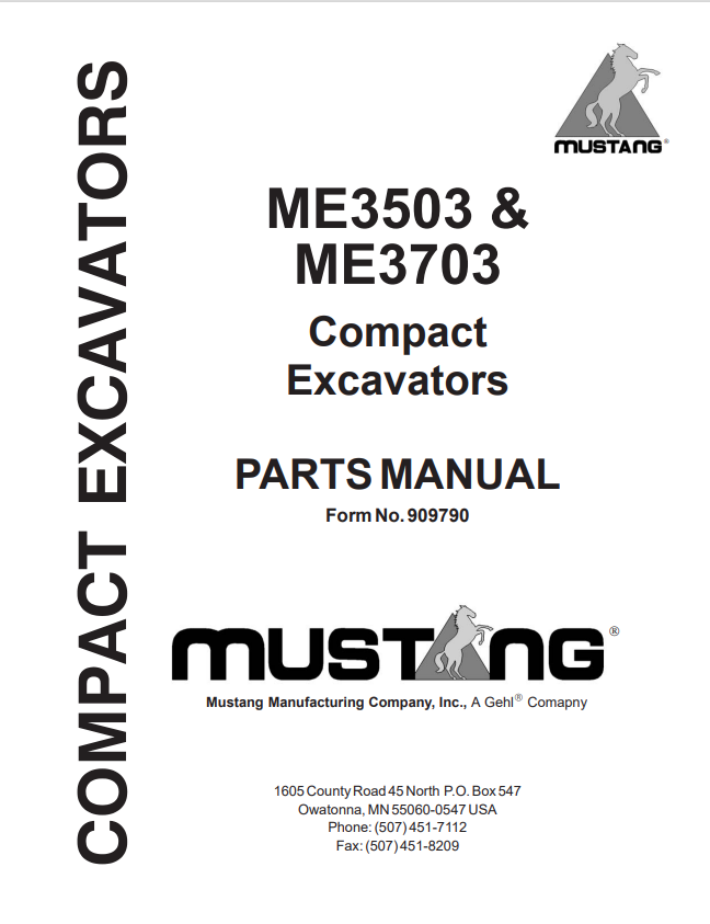 MUSTANG ME3503, ME3703 COMPACT EXCAVATOR PARTS MANUAL 909790 - PDF
