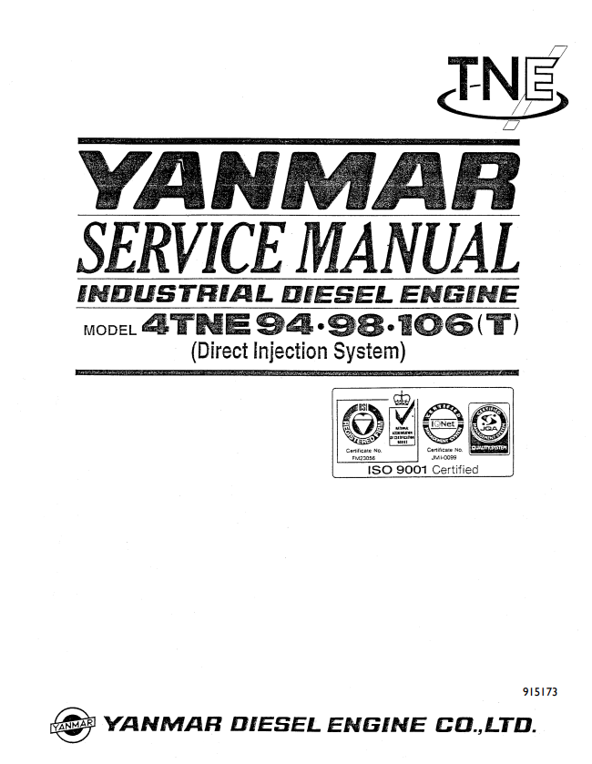 MUSTANG YANMER INDUSTRIAL DIESEL 4TNE 94.98.106 ENGINE SKID-STEER LOADER SERVICE MANUAL 945173- PDF