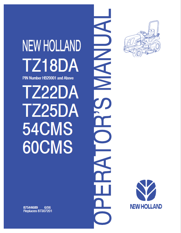 New Holland 54CMS, 60CMS, TZ18DA, TZ22DA, TZ25DA Operator Manual 87544689 PDF