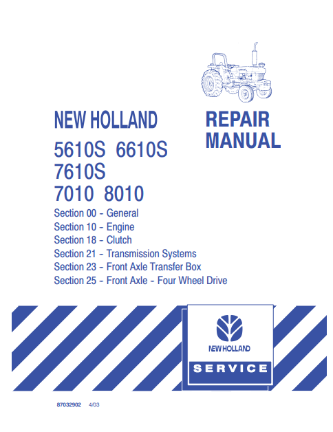 New Holland 5610S, 6610S, 7610S, 7010, 8010 Repair Manual 87032902 PDF