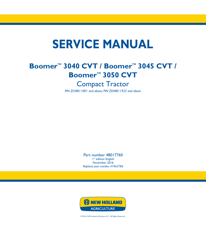 New Holland Boomer 3040CVT, 3045 CVT, 3050 CVT Compact Tractor Service Manual 48017760 PDF