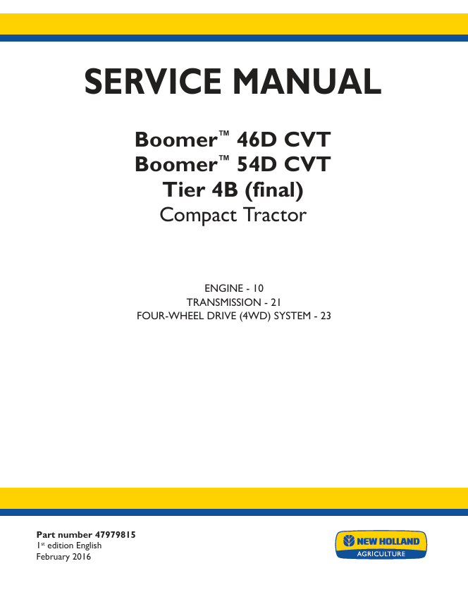 New Holland Boomer 46D CVT, 54D CVT Tier 4B Compact Tractor Service Manual 47979815 PDF