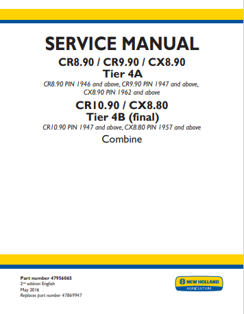 New Holland CR8.90, CR9.90, CX8.90 Tire4A CR10.90, CX8.80 Tire 4B Combine Service Manual 47956065 PDF