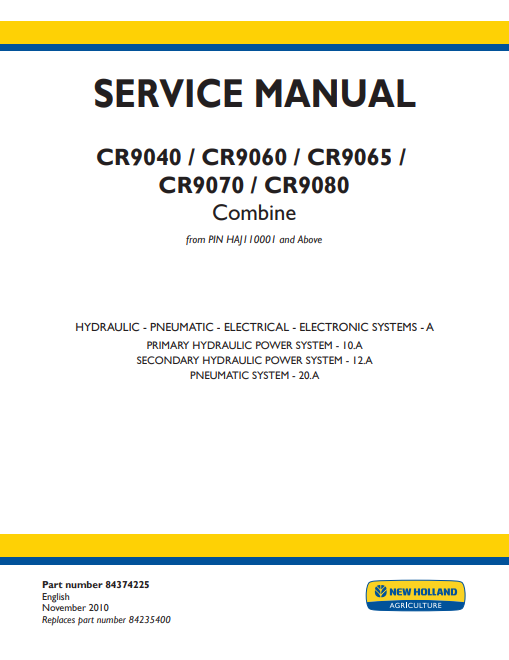 New Holland CR9040, CR9060, CR9065, CR9070, CR9080 Combine Service Manual 874374225 PDF