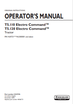 New Holland Electro Command T5.110, T5.120 Tractor Operator Manual 51537376 PDF