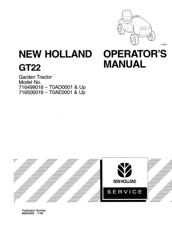 New Holland GT22 Garden Tractor Operator Manual 86602568 PDF