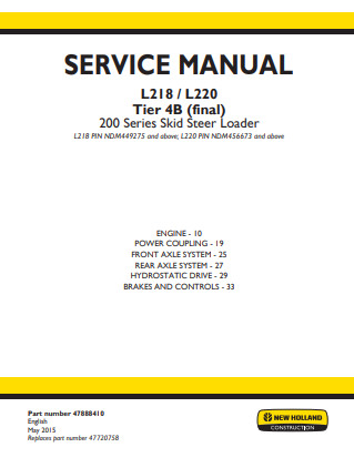 New Holland L218, L220 Tire 4B Skid Steer Loader Service Manual 47888410 PDF