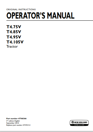 New Holland T4.57V, T4.85V, T4.95V, T4.105V Tractor Operator Manual 47768366 PDF