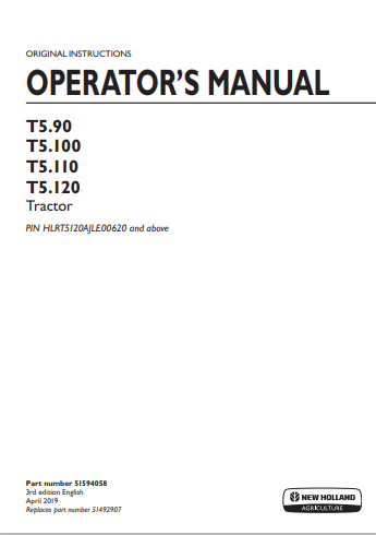 New Holland T5.90, T5.100, T5.110, T5.120 Tractor  Operator Manual 51594058 PDF