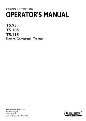 New Holland T5.95, T5.105, T5.115 Tractor Operator Manual 47873730 PDF
