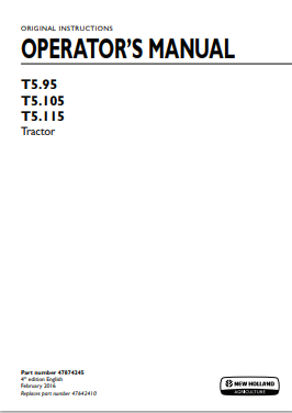 New Holland T5.95, T5.105, T5.115 Tractor Operator Manual 47874245 PDF
