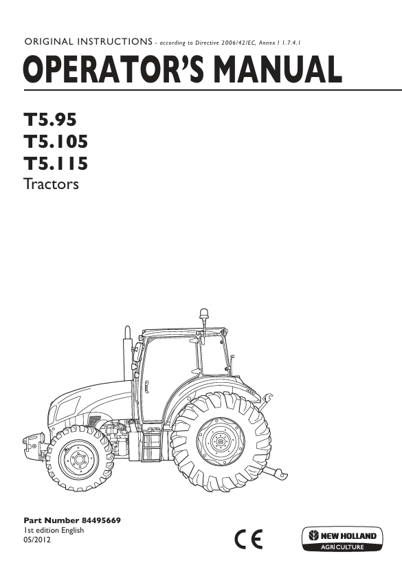 New Holland T5.95, T5.105, T5.115 Tractor Operator Manual 84495669 PDF