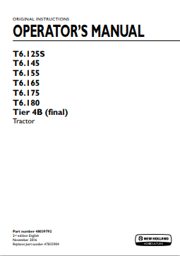 New Holland T6.125S, T6.145, T6.155, T6.165, T6.175, T6.180 Tire 4B Tractor Operator Manual 48039792 PDF