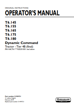 New Holland T6.145, T6.155, T6.165, T6.175, T6.180 Dynamic Command Tractor Operator Manual 51550751 PDF