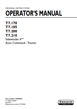 New Holland T7.170, T7.185, T7.200, T7.210 Sidewinder II  AutoCommand Tractor Operator Manual 47892994 PDF
