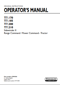New Holland T7.170, T7.185, T7.200, T7.210 Sidewinder II Range Command Power Command Tractor Operator Manual 47893026 PDF