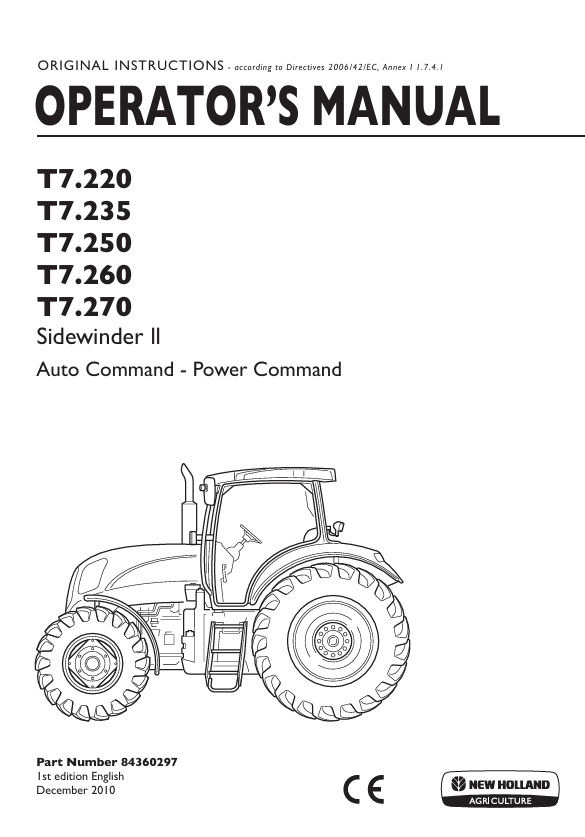 New Holland T7.220, T7.235, T7.250, T7.260, T7.270 Sidewinder II Operator Manual 84360297 PDF
