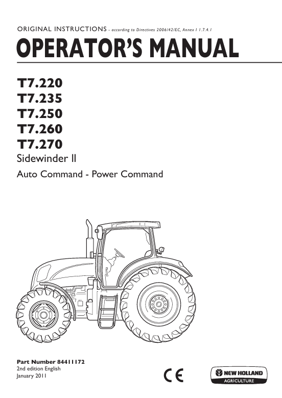 New Holland T7.220, T7.235, T7.250, T7.260, T7.270 Sidewinder II Operator Manual 84411172 PDF