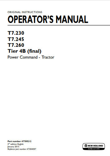 New Holland T7.230, T7.245, T7.260 Power Command Tractor Operator Manual 47789212 PDF