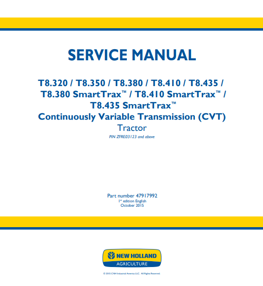 New Holland T8.320, T8.350, T8.380, T8.410,T8.435, T8.380, T8.410, T8.435 SmartTax Tractor Service Manual 47917992 PDF