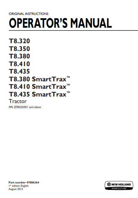 New Holland T8.320, T8.350, T8.380, T8.410,T8.435, T8.380, T8.410, T8.435 Tractor Operator Manual 47886364 PDF