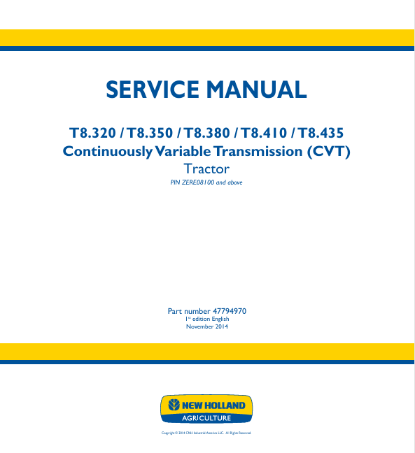 New Holland T8.320, T8350, T8.380, T8.410, T8.435 Tractor Service Manual 47794970 PDF