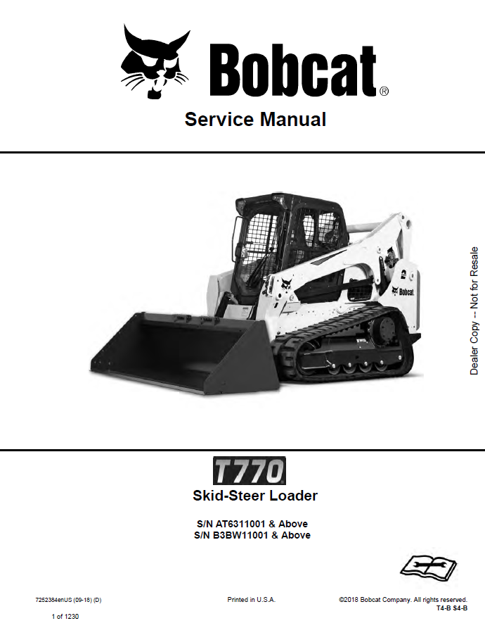Bobcat T770 Skid Steer Loader Service Manual 7252384 PDF