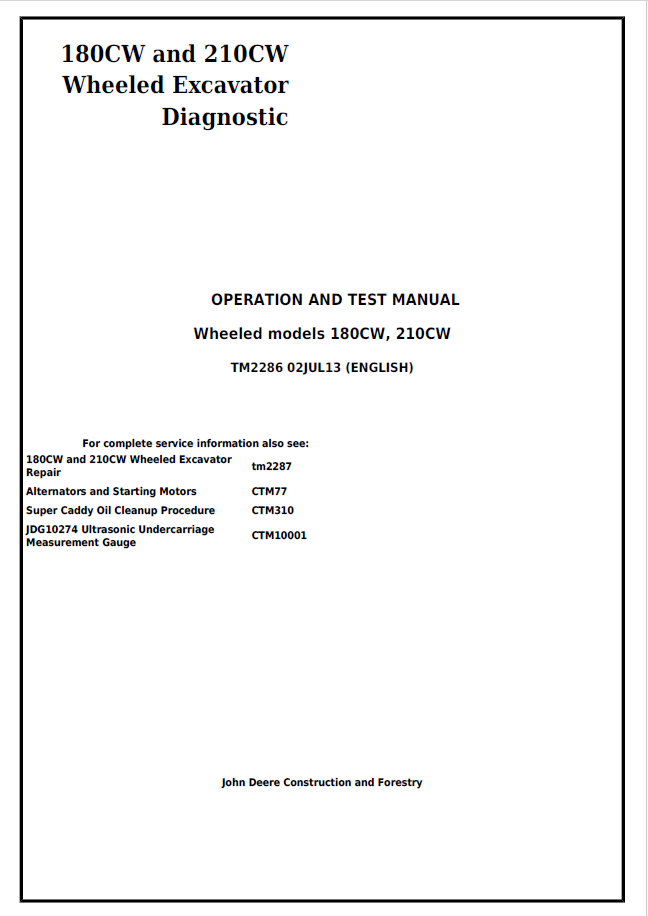 John Deere Wheeled models 180CW, 210CW Operation and Test Manual TM2286 PDF