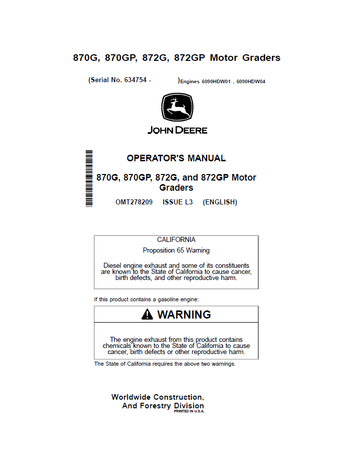 John Deere 870G, 870GP, 872G, 872GP Motor Graders Operator Manual OMT278209 PDF