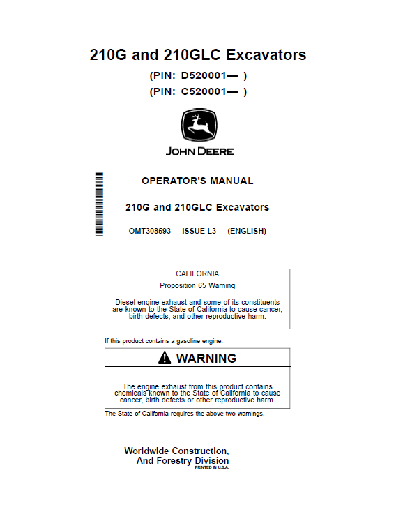 John Deere 210G and 210GLC Excavators Operator Manual OMT308593 PDF
