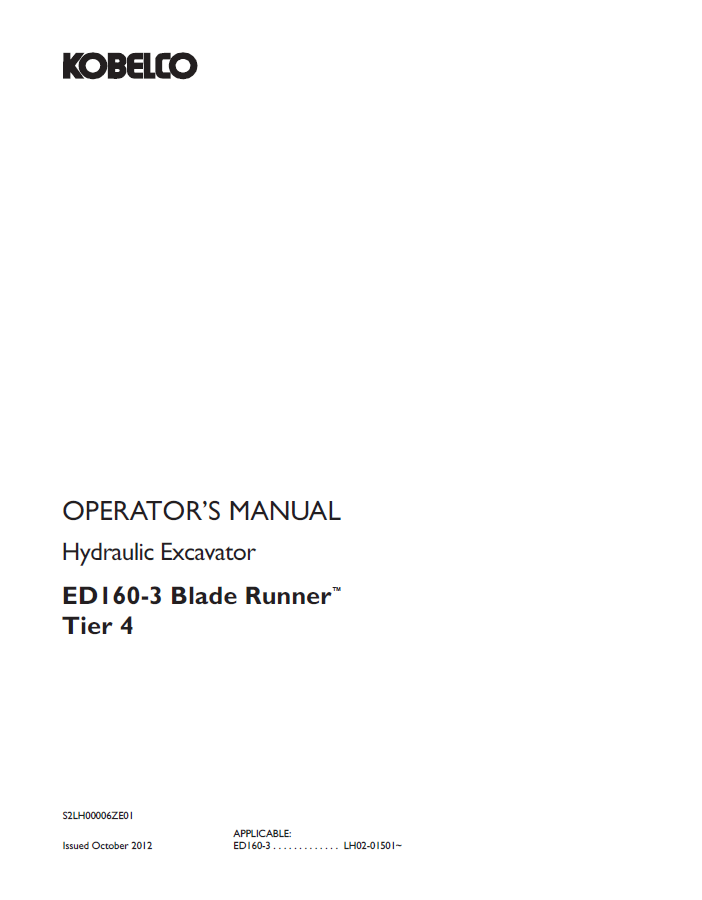 Kobelco Machine Hydraulic Excavator Ed160-3 Blade Runner Tier 4 Operator Manual PDF
