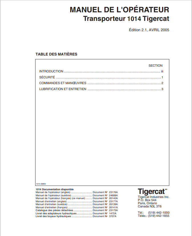 Tigercat 1014 Carrier Operator Manual 23176A