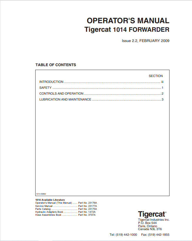 Tigercat 1014 Forwarder Operator Manual 23176A