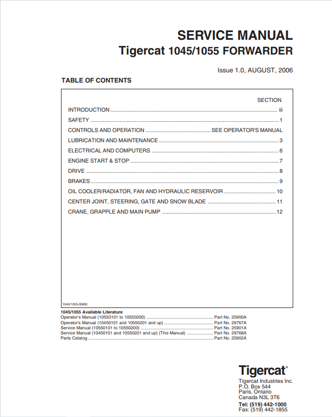 Tigercat 1045,1055 Forwarder Service Manual 29768A
