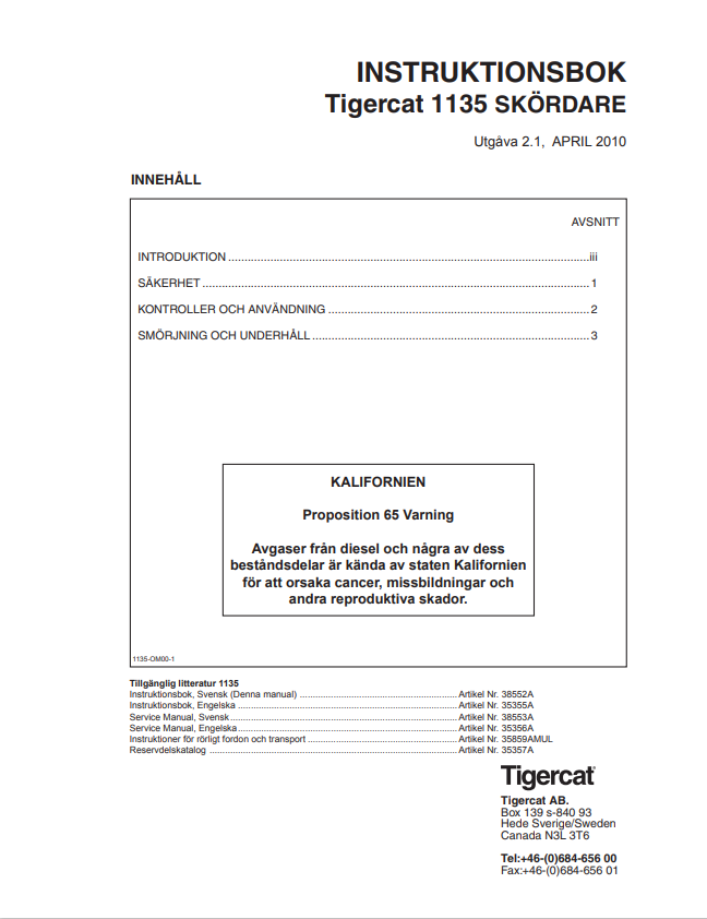 Tigercat 1135 Harvester Instruction Book Manual 35356A