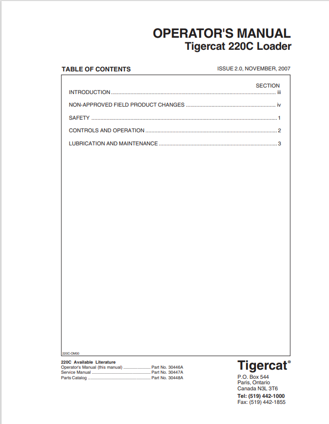 Tigercat 220C Loader Operator Manual 30446A