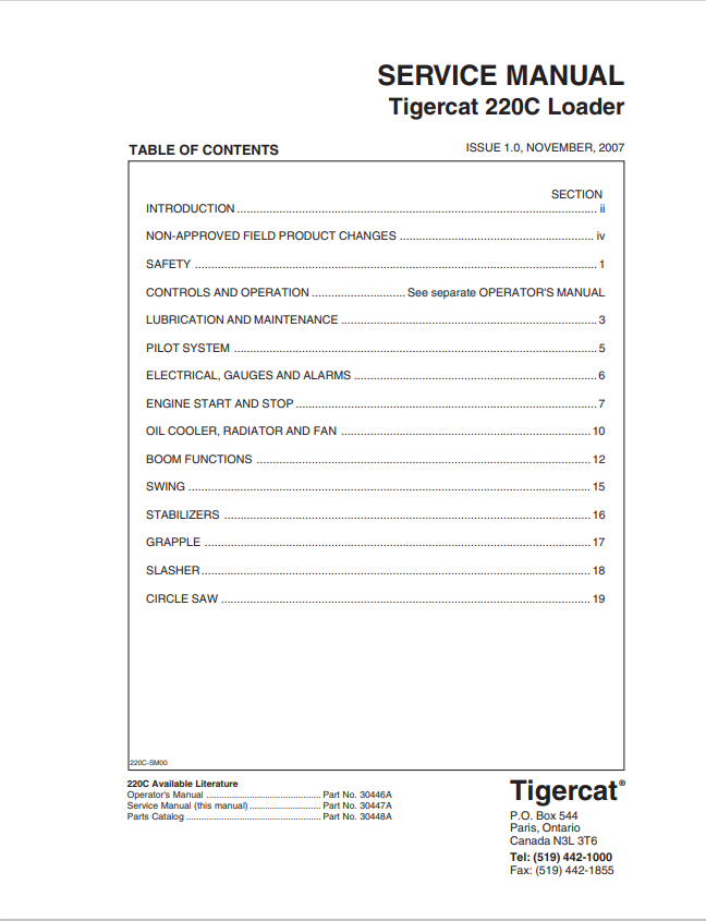 Tigercat 220C Loader Service Manual 30447A