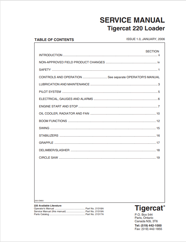 Tigercat 220 Loader Service Manual 21319A